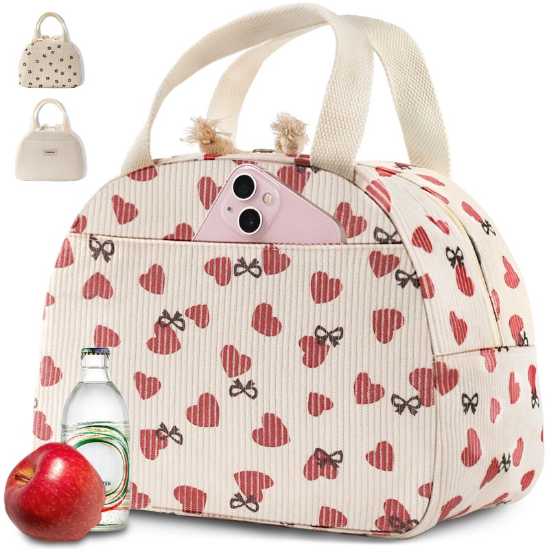 CaCTOUR Lunch Bag Lunch Box for Women Girls Teens  Cute Lunch Box Cooler Bag Portable Reusable Corduroy Insulated LunchBox for Work/Travel/Picnic/School (Love) - Image 1